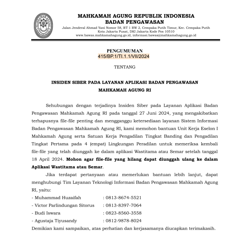 Insiden Siber pada Layanan Aplikasi Badan Pengawasan MA RI