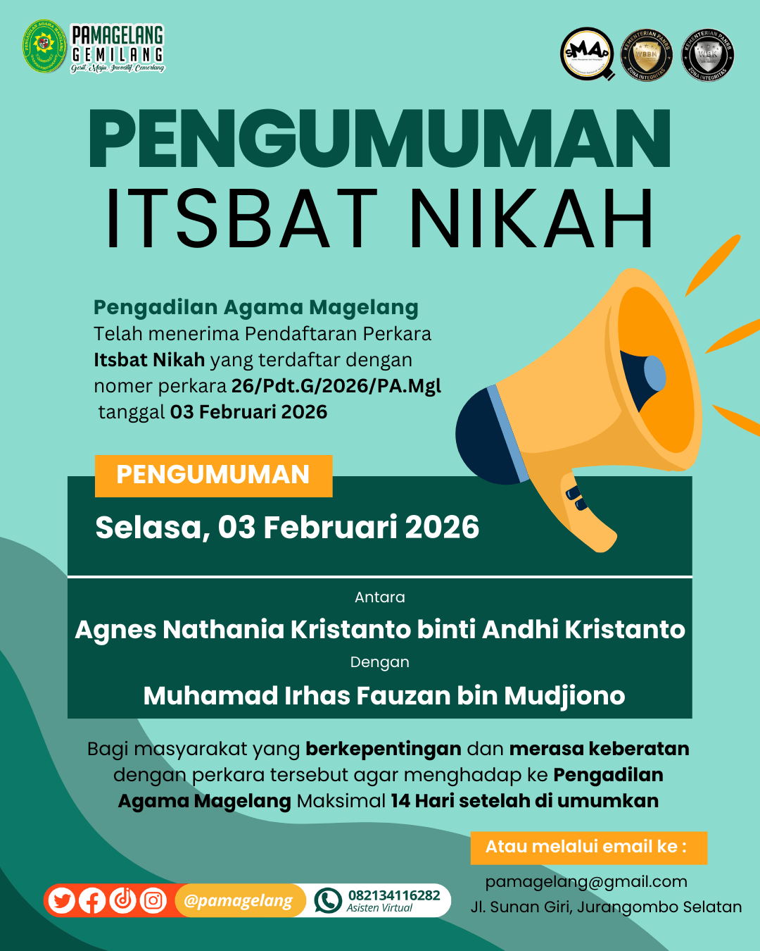 Pengumuman Itsbat Nikah dengan Nomer Perkara 26/Pdt.G/2026/PA.Mgl