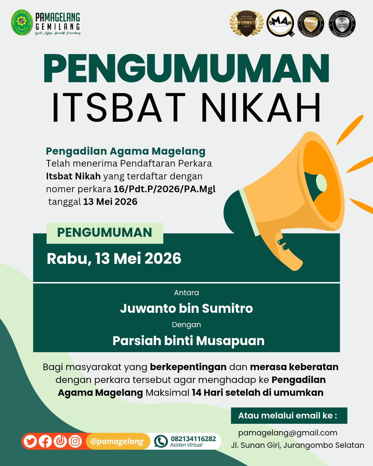 Pengumuman Itsbat Nikah No 16/Pdt.P/2026/PA.Mgl