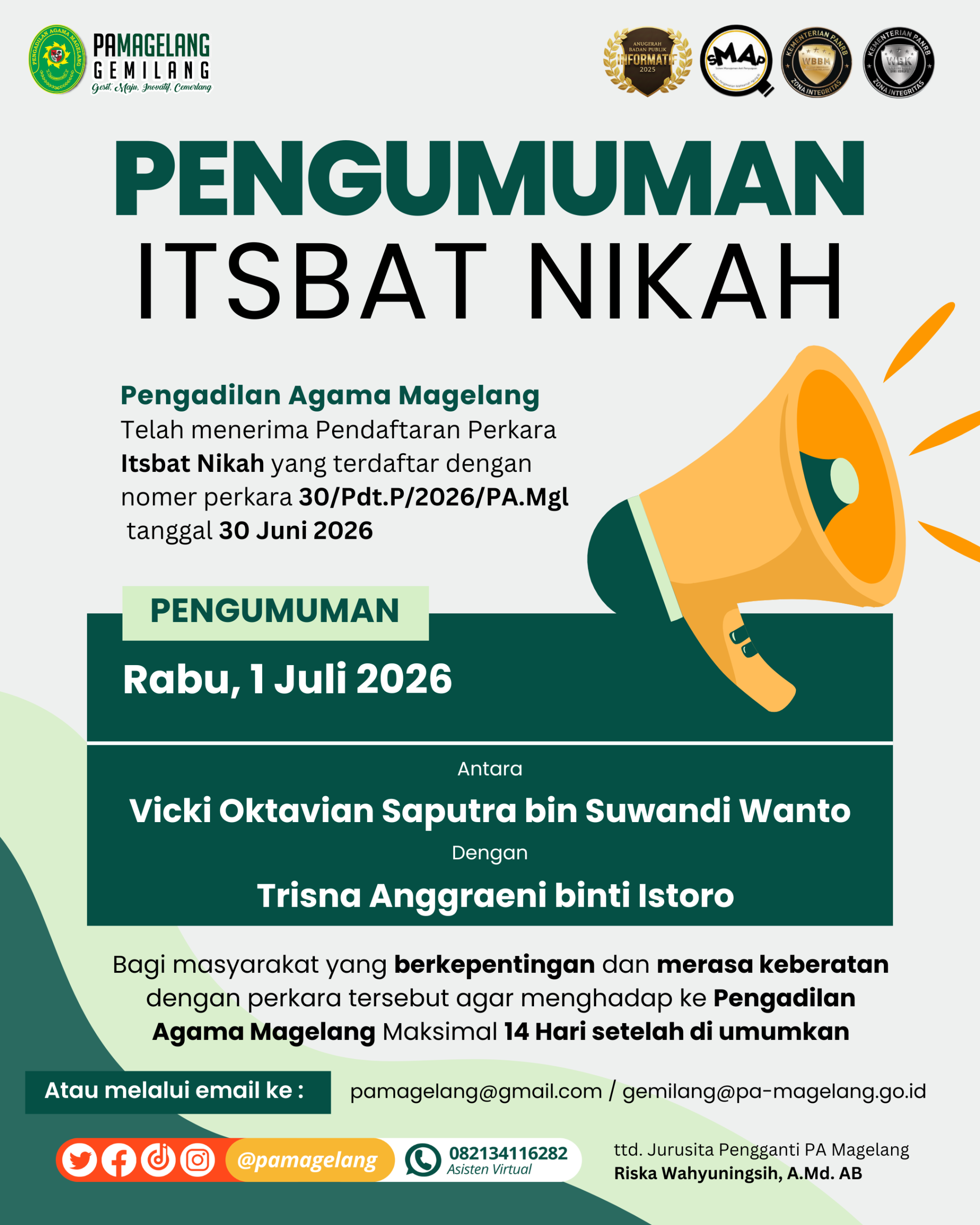 Pengumuman Itsbat Nikah No 30/Pdt.P/2026/PA.Mgl