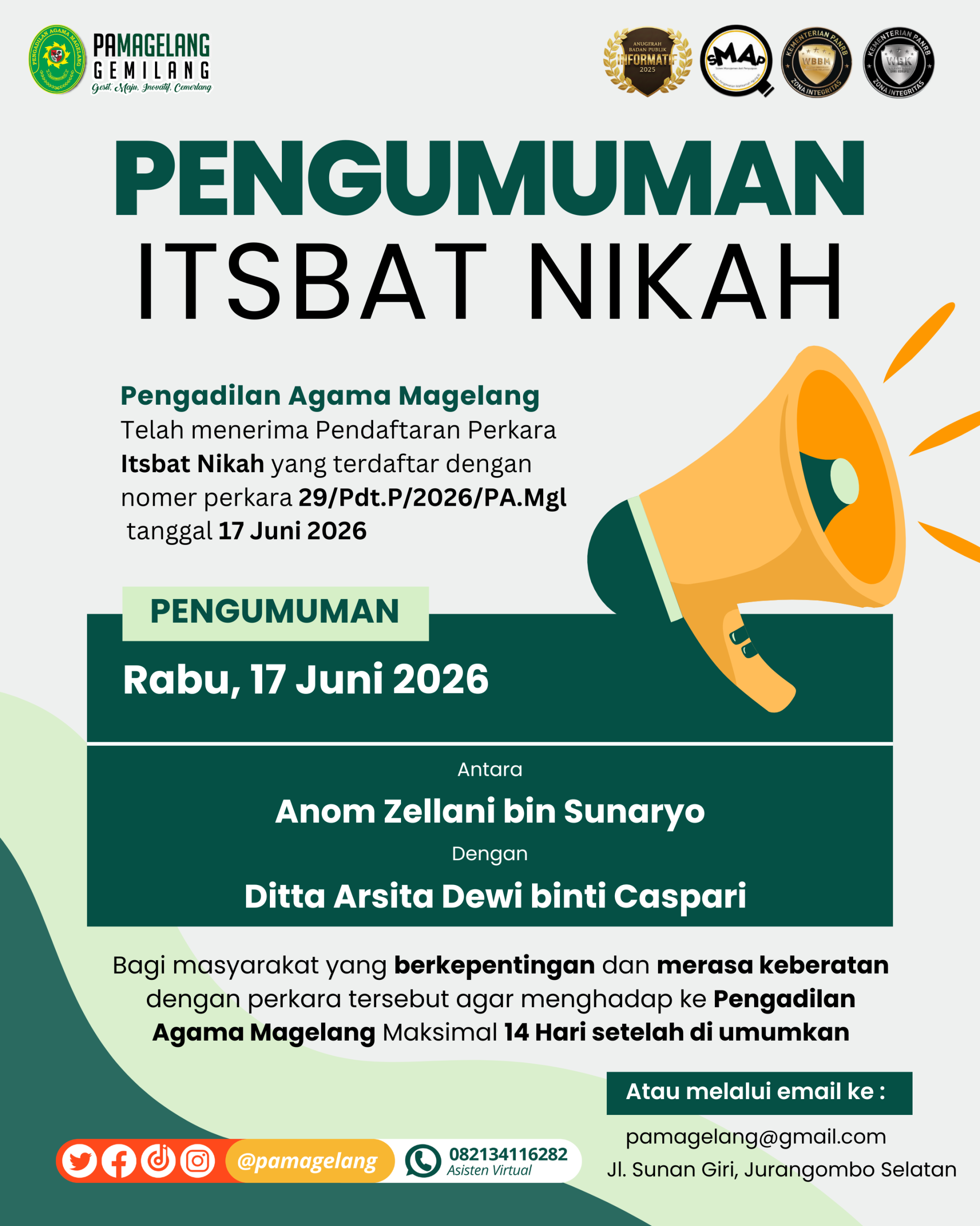 Pengumuman Itsbat Nikah 29/Pdt.P/2026/PA.Mgl