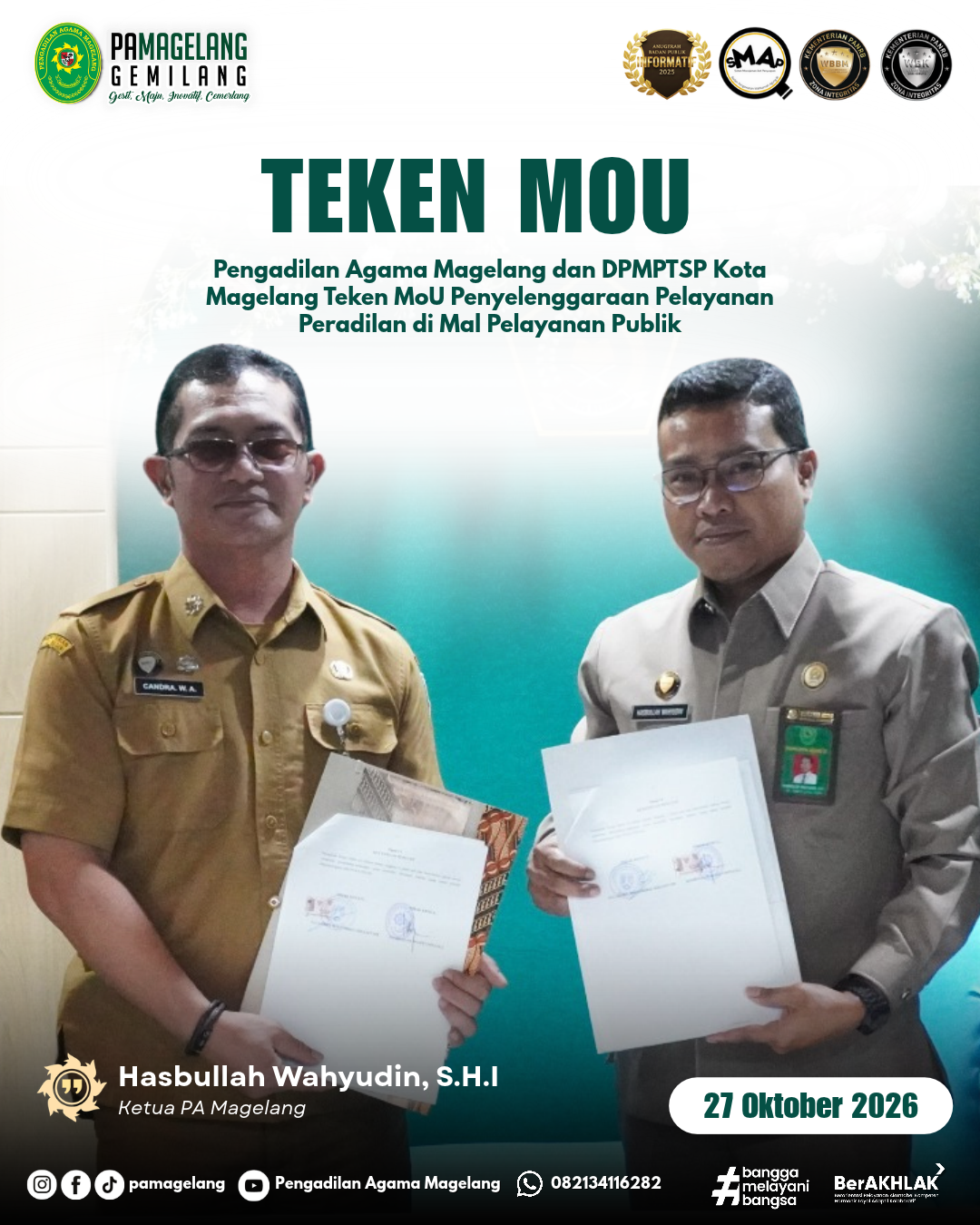 Pengadilan Agama Magelang dan DPMPTSP Kota Magelang Teken MoU Penyelenggaraan Pelayanan Peradilan di Mal Pelayanan Publik
